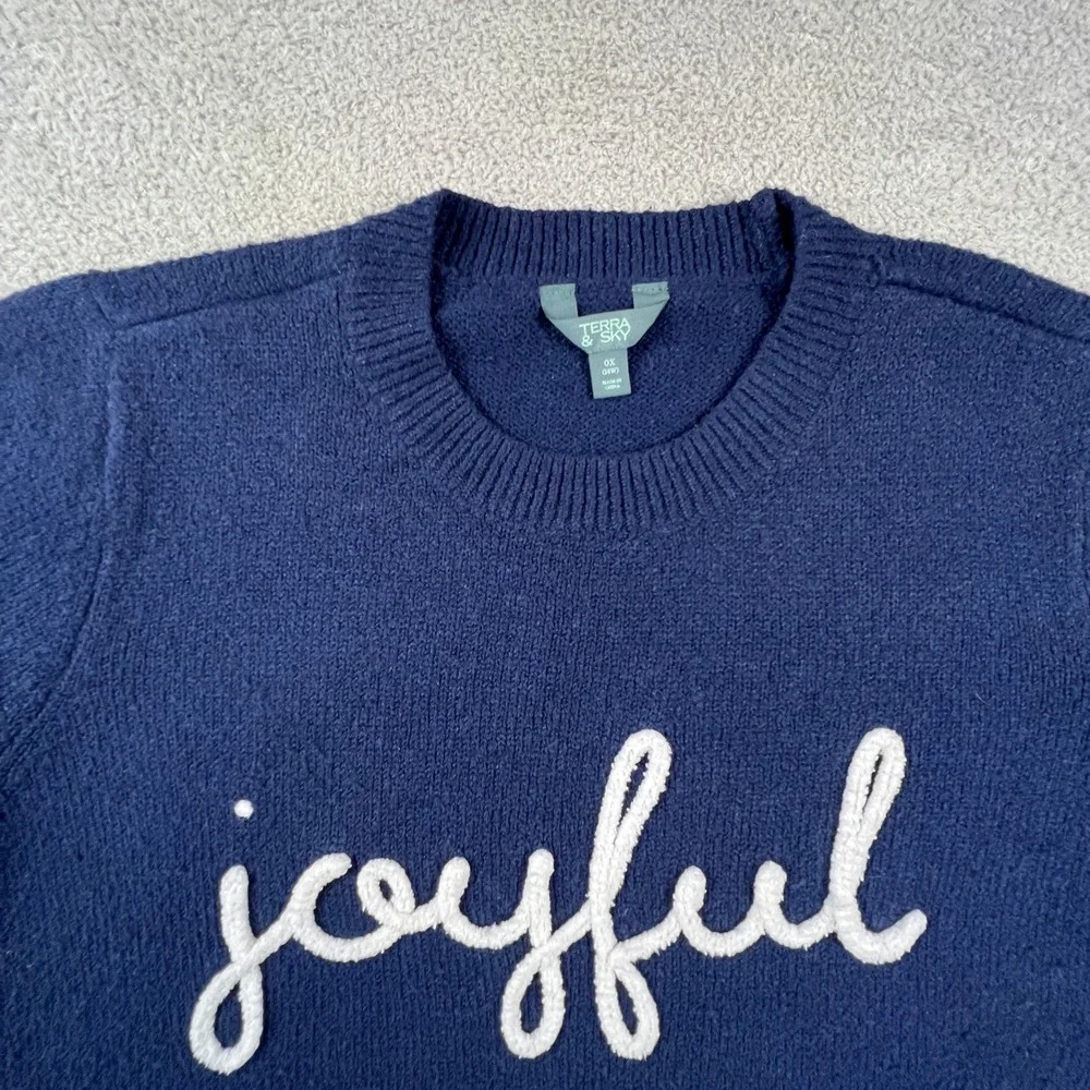 Joyful Graphic Sweater Womens 0X 14W Navy Blue Crewneck Terra‎ & Sky